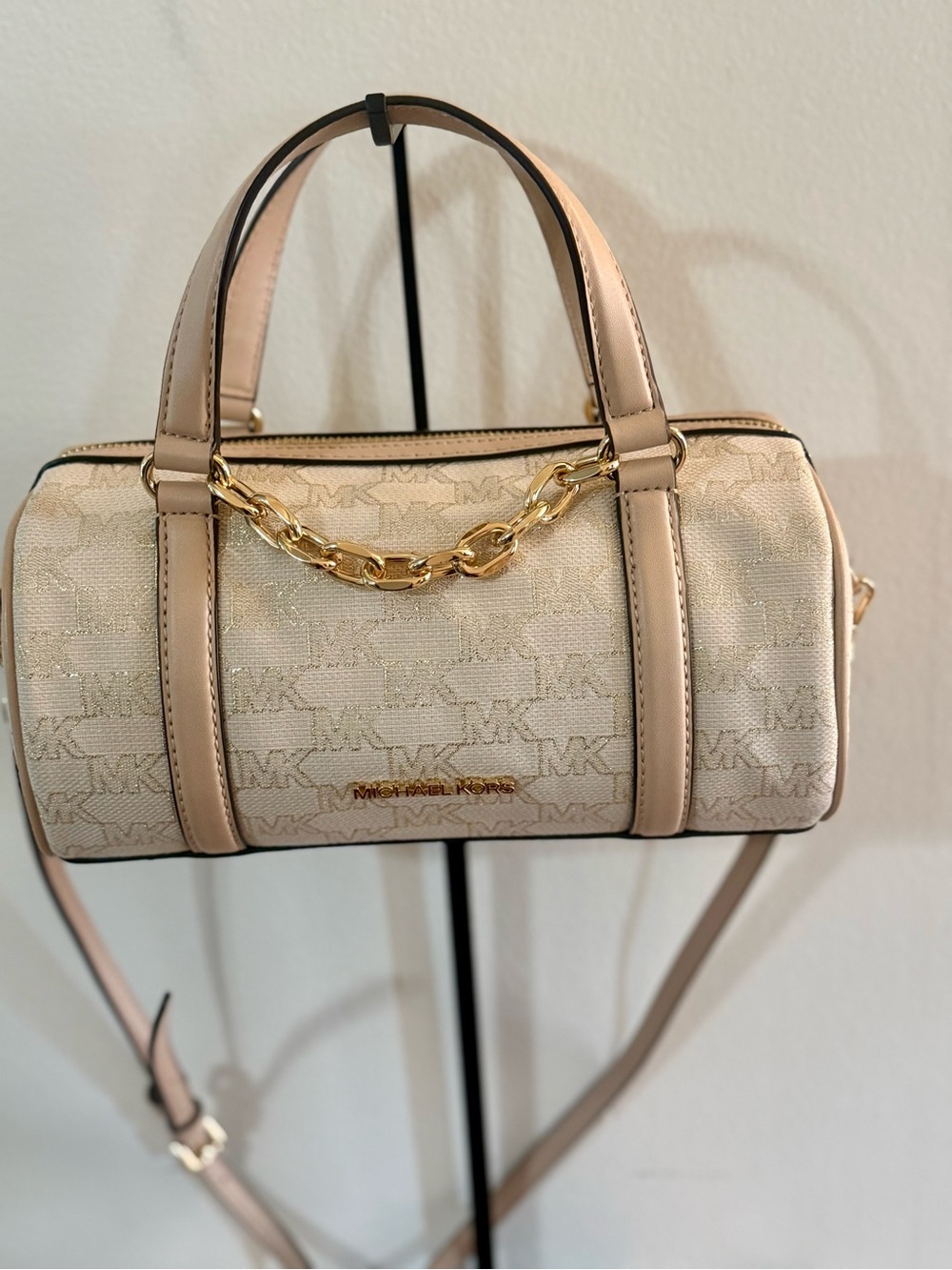 Michael Kors Beige Logo Barrel Satchel with Gold Chain